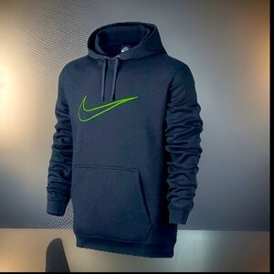 Nike Pullover Hoodie Black Embroided Swoosh Green/Blue Across Chest Kangaroo